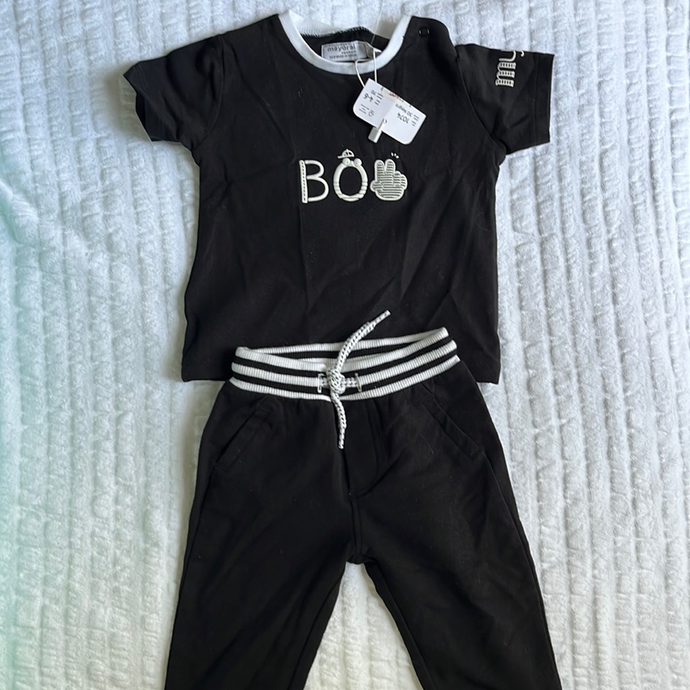 Mayoral “Boy” pant and shirt set.